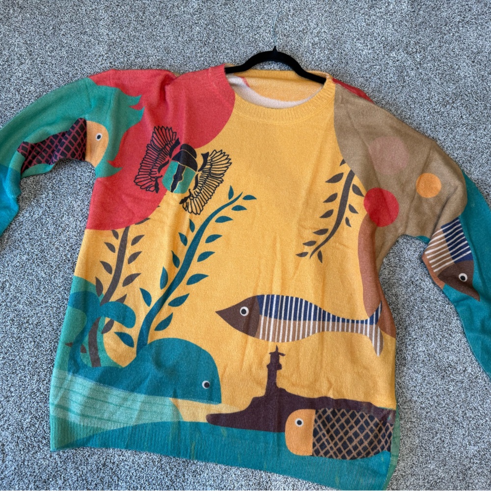 Wool Blend Sweater Plush Fish/ sea life  Print Outdoor Winter Oversized women’s - Picture 2 of 10